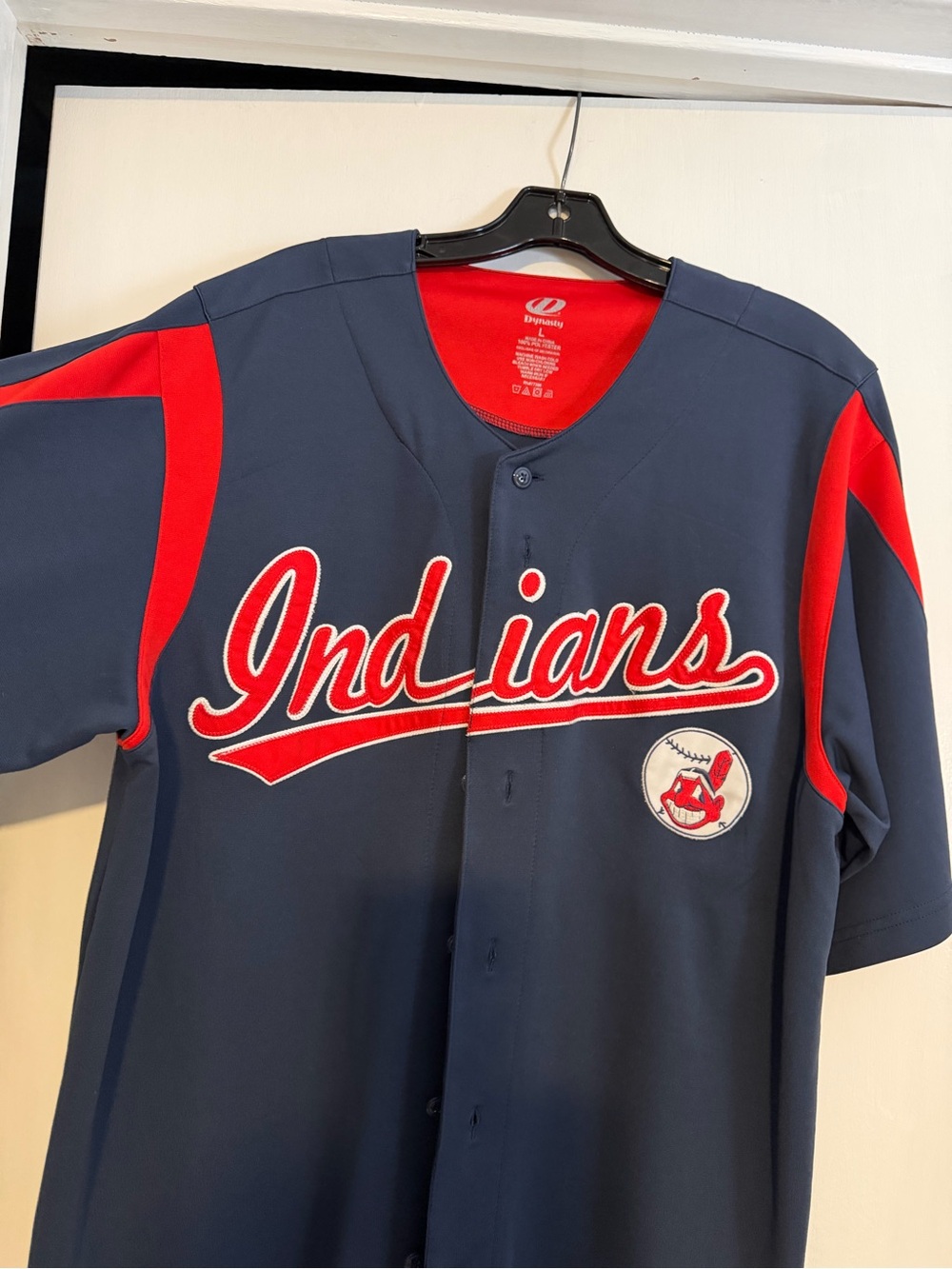 Navy & Red Indians Baseball Jersey - Team Script Button-Up